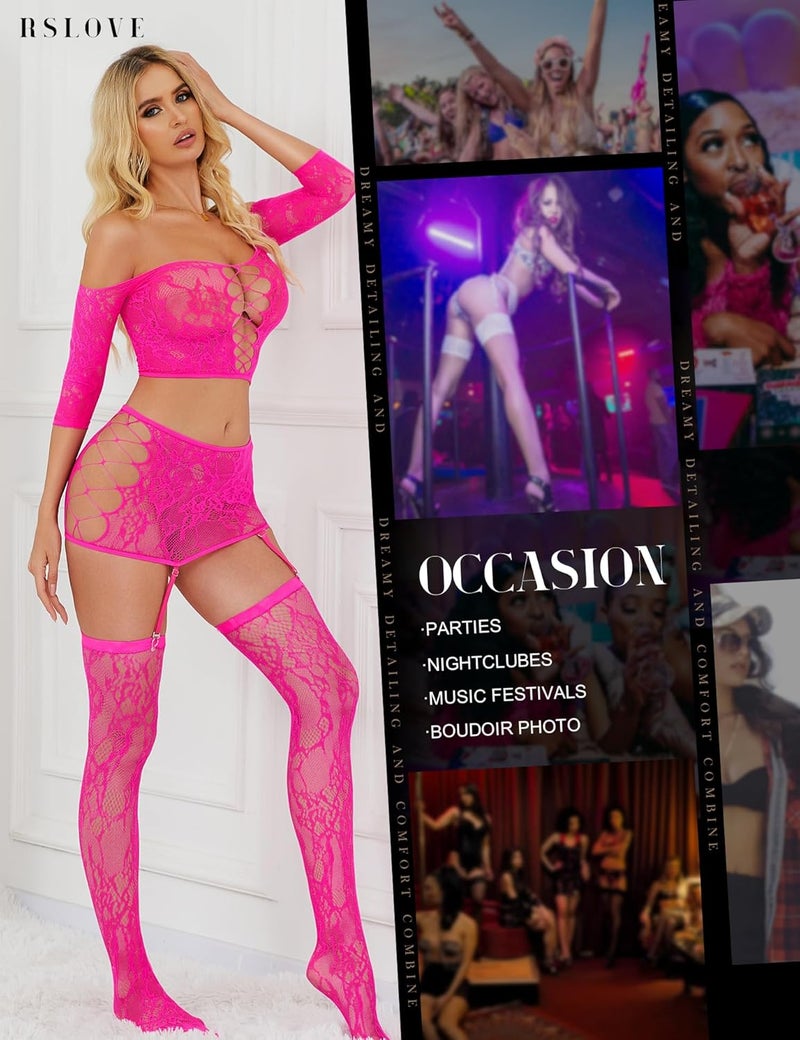 RSLOVE Lingerie Sets for Women Sexy - Fishnet BabyDoll Garter Mini Skirt Bodystocking Mesh Bodysuit Outfits Nightwear - Image 3